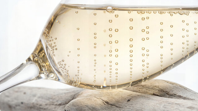 Extreme macro close-up of champagne flute with golden bubbles rising in perfect vertical columns through pale straw-colored liquid, bubbles in sharp focus showing spherical perfection and light