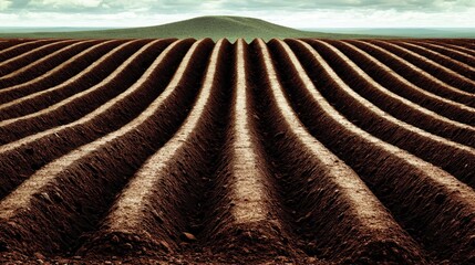 scenic landscape of vast farmland with neatly arranged rows of freshly plowed soil preparing for the upcoming planting season capturing the essence of agricultural practices from a birds eye view