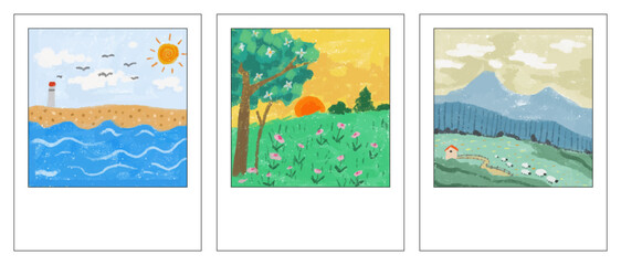 Polaroid of the illustration with crayon art of nature. isolated from background vector art, photo frame, vintage instant film camera.