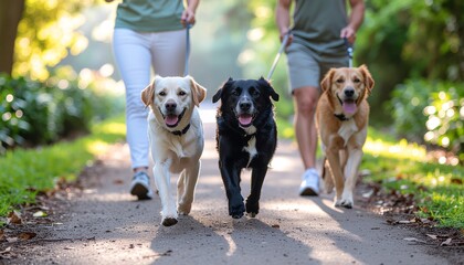 Couple Walking Two Dogs on a Sunlit Trail. Morning Wellness Routine with Pets. A heterogeneous couple briskly walking two leashed dogs down a sunlit quiet morning trail or park path.

