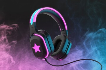 Black headphones with pink star and neon blue pink light