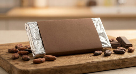 Blank chocolate bar wrapper mockup with cocoa beans, sweet packaging design