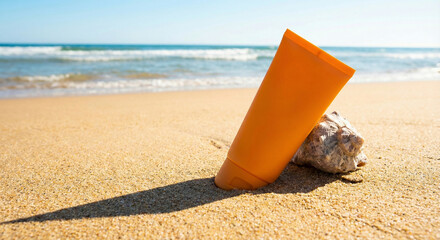 Blank orange sunscreen tube mockup on beach sand with shell, summer skincare