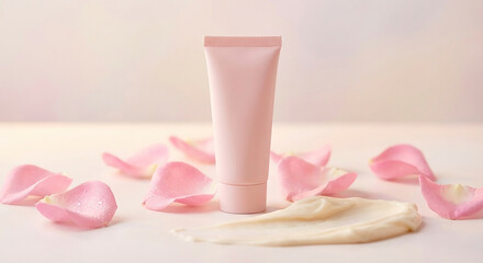 Blank pastel pink cosmetic tube mockup with rose petals and cream texture, skincare product