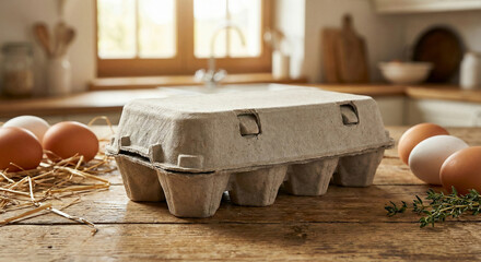 Blank paper egg carton mockup on wooden table, eco friendly food packaging