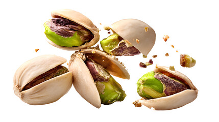 Pistachios cracking open shells, green kernels exposed, healthy snack food isolated on white background with nuts and natural and organic and delicious
