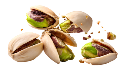 Pistachios cracking open shells, green kernels exposed, healthy snack food isolated on white background with nuts and natural and organic and delicious