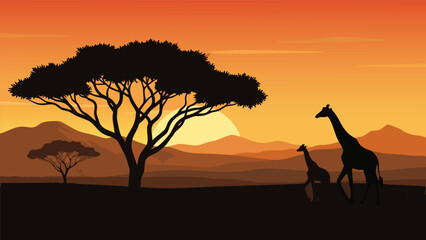 African Safari Sunset Vector Illustration with Silhouettes of Giraffes and Acacia Trees