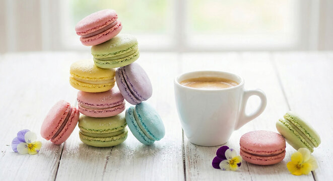 Colorful pastel macarons stacked with espresso coffee cup, french dessert break - Powered by Adobe