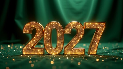 High-End New Year 2027 Gold Numbers on Dark Green Velvet Background, Luxury 3D Render
