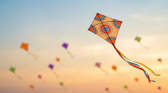 Makar Sankranti poster design with group of colorful kites flying in the sky.