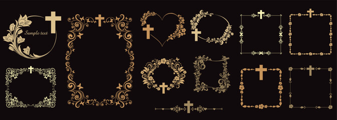 Cross icons set. Obituary notice - art deco frames with cross. Collection of gold Christian Symbol design elements isolated on black background. Church and pray, religion and resurrection. Vector