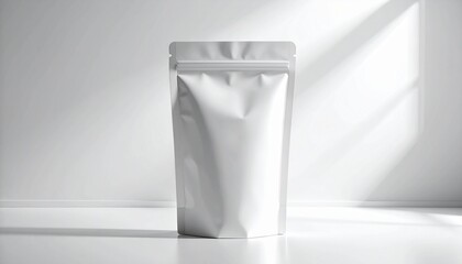 Blank white stand-up pouch with a resealable zipper, perfect for product packaging and branding mockups