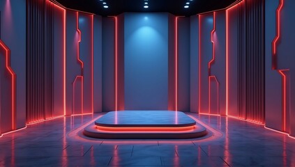 Futuristic 3d illustration of a luxury premium display stage with glowing red neon accents and blue lighting