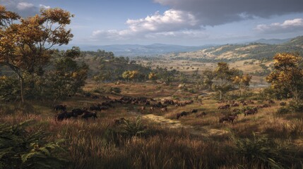 Fototapeta premium scenic african grasslands with a bustling group of wildebeest feeding a wide vista of the savanna showcasing undulating terrain faroff peaks and a clear blue sky rich amber foliage and a herd of dark