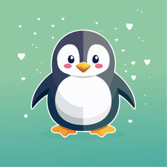 Obraz premium A cartoon penguin with a white belly, black back, and orange feet stands against a green background with white hearts.