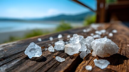 Crystalline Salt Pieces on a Weathered Wooden Surface by Water