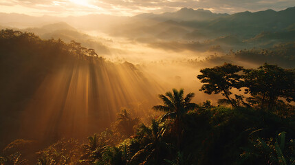 Tropical jungle valley bathed in golden sunrise light and mist