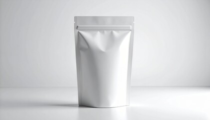 Blank white stand-up pouch packaging mockup for product presentation, ideal for food, coffee, or snacks, offering customizable design space for branding