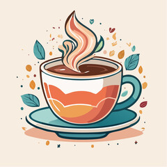 Obraz premium A steaming cup of tea or coffee with decorative leaves and shapes around it.