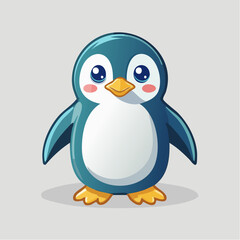 Obraz premium Cute cartoon penguin with big eyes and a bright yellow beak standing on a light gray background.