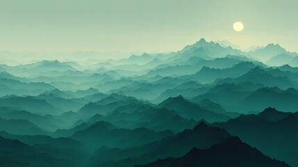 Vast Misty Mountain Range with Sun on Horizon mountains