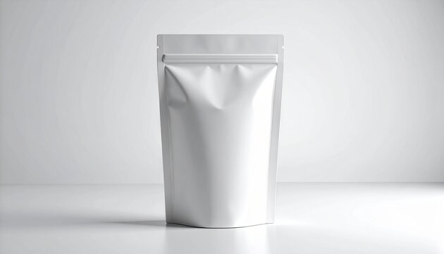 Blank white stand-up pouch packaging mockup for product presentation, ideal for food, coffee, or snacks, offering customizable design space for branding