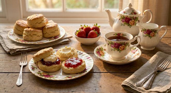 Scones with clotted cream and jam next to tea cup, english afternoon tea - Powered by Adobe