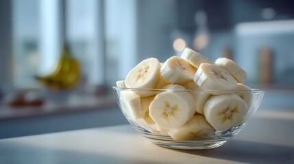 Freshly Cut Banana Slices in a Clear Glass Bowl on Modern Kitchen Table