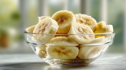 Freshly Sliced Ripe Bananas in Glass Bowl on Bright Background