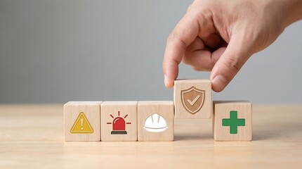 A hand carefully selects a block representing safety and security focusing on health protection and hazard awareness from a row of wooden cubes