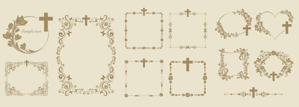  Christian crosses with decorative ornamental frames in vintage or Victorian style. Classic floral swirls, flourishes, plant elements. Set. Monochrome vector illustration