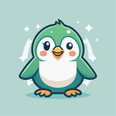 Fototapeta premium Cute cartoon penguin with green and white feathers, standing on a light blue background.