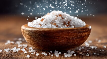 Fresh Sea Salt in Wooden Bowl with Sparkling Crystals and Texture