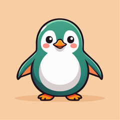 Obraz premium Cartoon illustration of a cute green penguin with a white belly and orange feet.
