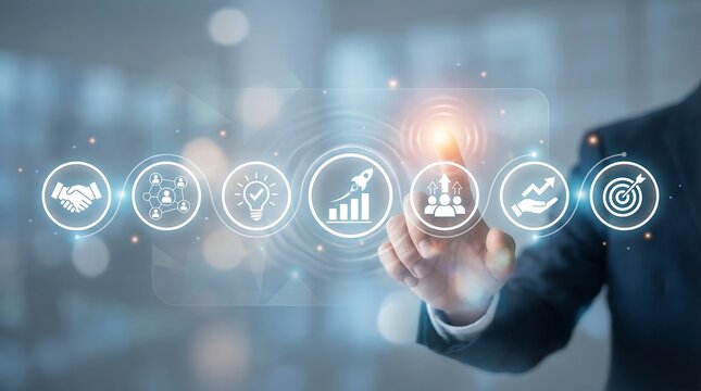 a business professional interacts with a digital interface displaying interconnected icons representing growth strategy teamwork and innovative concepts in a blurred city setting - Powered by Adobe