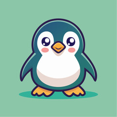 Obraz premium Cute cartoon penguin with big eyes and a small beak standing on a green background.
