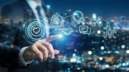 A professional in a suit interacts with a glowing digital interface displaying interconnected icons representing concepts like teamwork communication and innovative business strategies