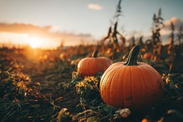 A harvest-time field is depicted in passive voice, ripe pumpkins are illuminated by sunset light, autumn colors fill the scene, Thanksgiving mood is conveyed 