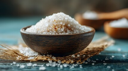 Fine Sea Salt in Rustic Wooden Bowl on Textured Surface