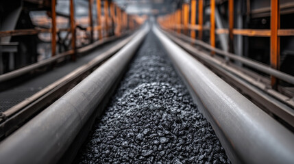 Fototapeta premium Industrial scene showcasing coal transportation with a focus on tracks and piles, emphasizing efficiency and machinery.