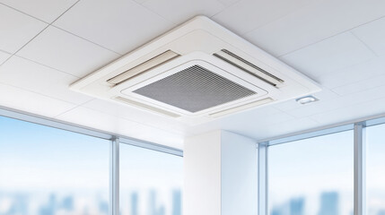 Fototapeta premium Modern air conditioning unit installed in a stylish office environment with large windows.