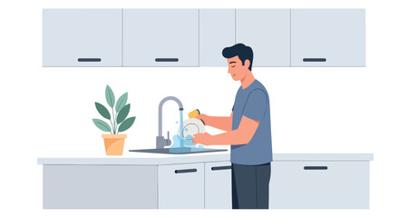 Man washing dishes in kitchen sink