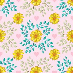 Seamless pattern with yellow flowers on pink background. Vector illustration.