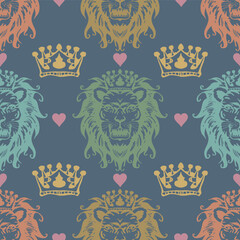 Seamless pattern with lions and crowns. Vintage style. Vector illustration.