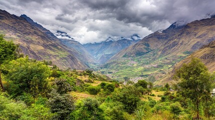 scenic view of majestic mountain range and valleys covered in lush greenery against dramatic cloudy sky in peruvian highlands perfect for outdoor and exploration themes