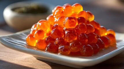 Vibrant Orange Jelly Pearls Piled on a White Plate with Glossy Finish
