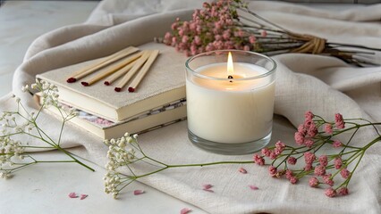 Scented candle, and small flowers arranged on neutral, relaxation and calm