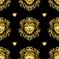 Seamless pattern with lion heads and hearts. Golden color. Vector illustration.