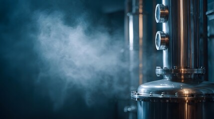 A stainless steel distillation column releases visible steam or fog in a dimly lit industrial setting